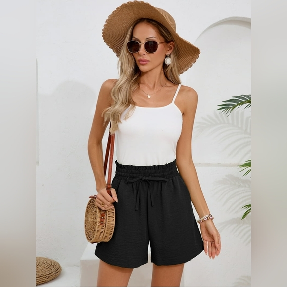 Chiclily Womens Casual Drawstring Shorts Black Summer Elastic Waist Shorts - Picture 2 of 4